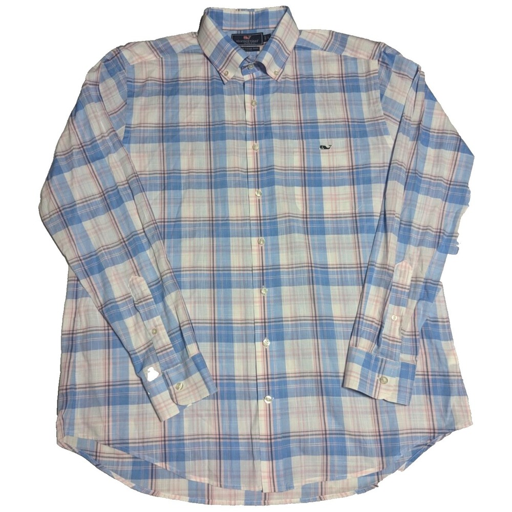 VINEYARD VINES SLIM FIT TUCKER SHIRT Men Large Blue Pink Plaid Cotton Shirt EUC
